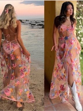 For Love & Lemons Delaney Sheer Pink Floral Embroidered Maxi Dress